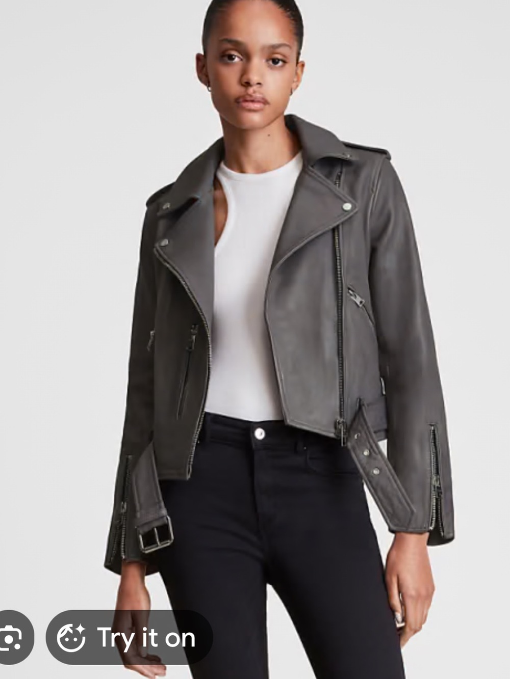 All Saints Gray Leather balfern Moto Jacket with Asymmetrical Zip